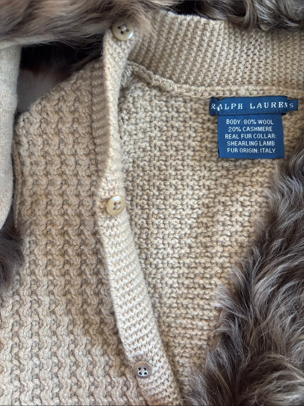 Ralph Lauren Blue Label Tan Knit Sleeveless Cardigan w/ Shearling Shawl - Picture 6 of 9